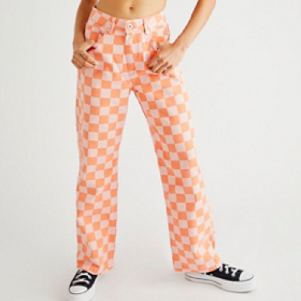 NWT! The Ragged Priest Dad Jeans Pink Orange Checkered Wide Leg Baggy Size 32
